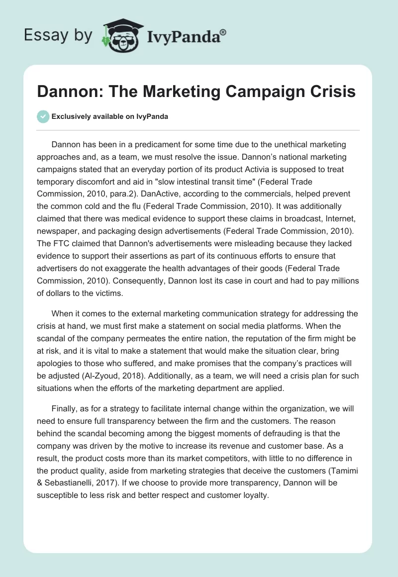 Dannon: The Marketing Campaign Crisis. Page 1