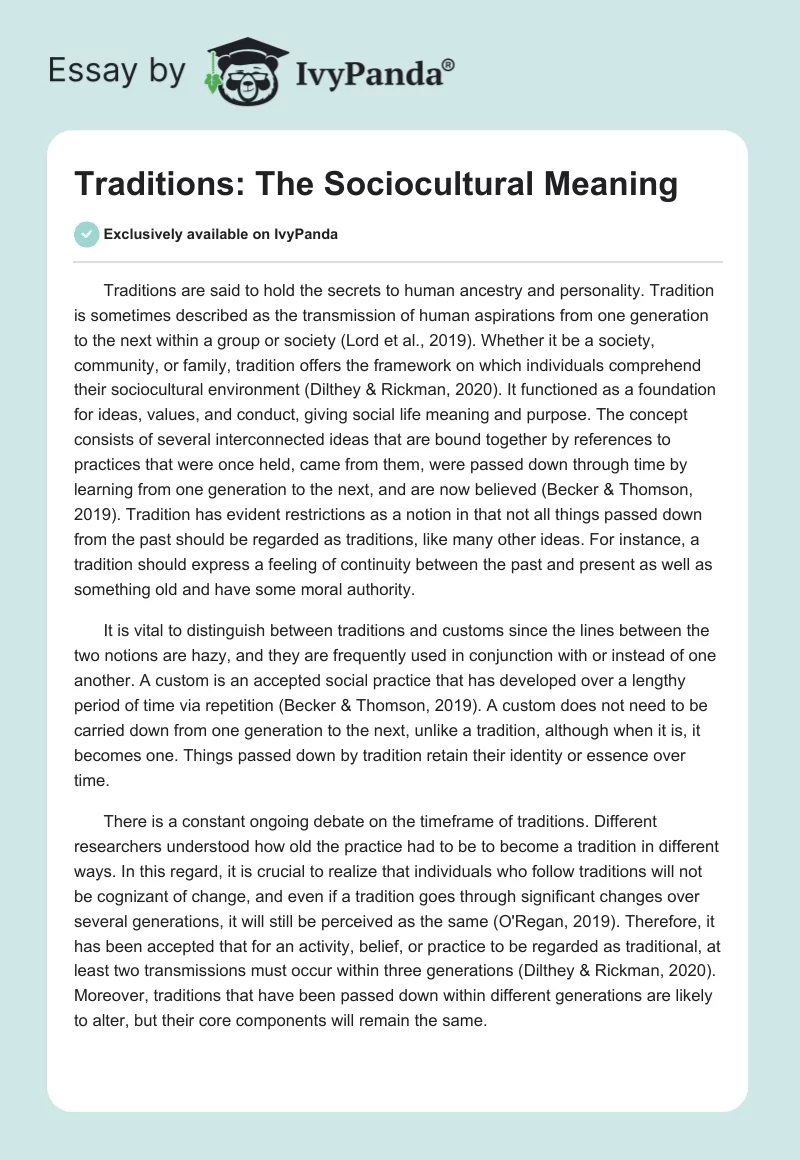 Traditions: The Sociocultural Meaning. Page 1