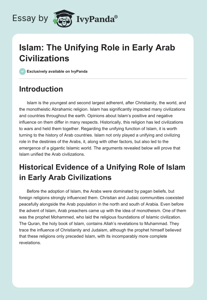 Islam: The Unifying Role in Early Arab Civilizations. Page 1