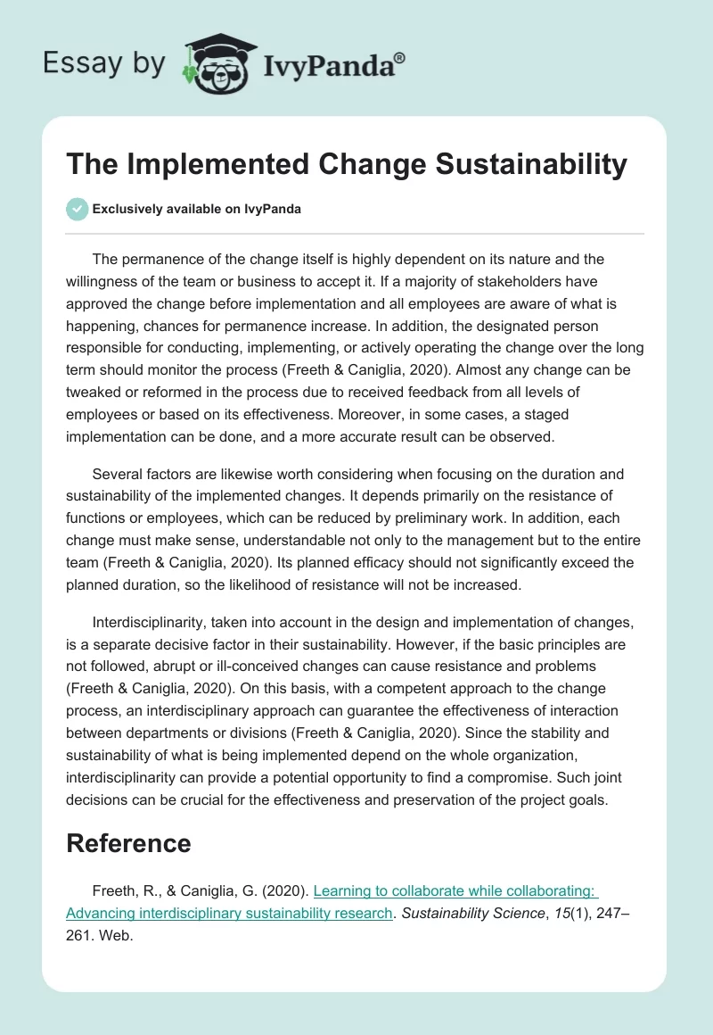 The Implemented Change Sustainability. Page 1
