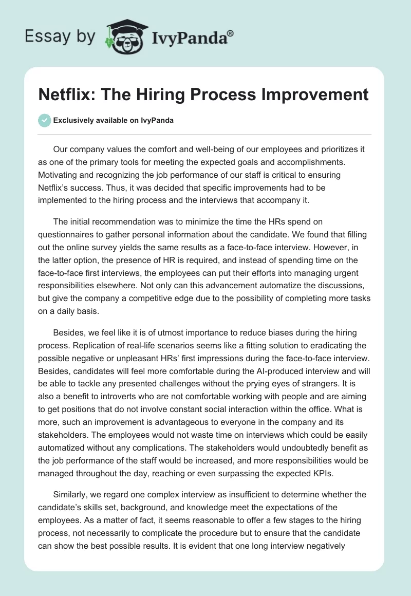 Netflix: The Hiring Process Improvement. Page 1