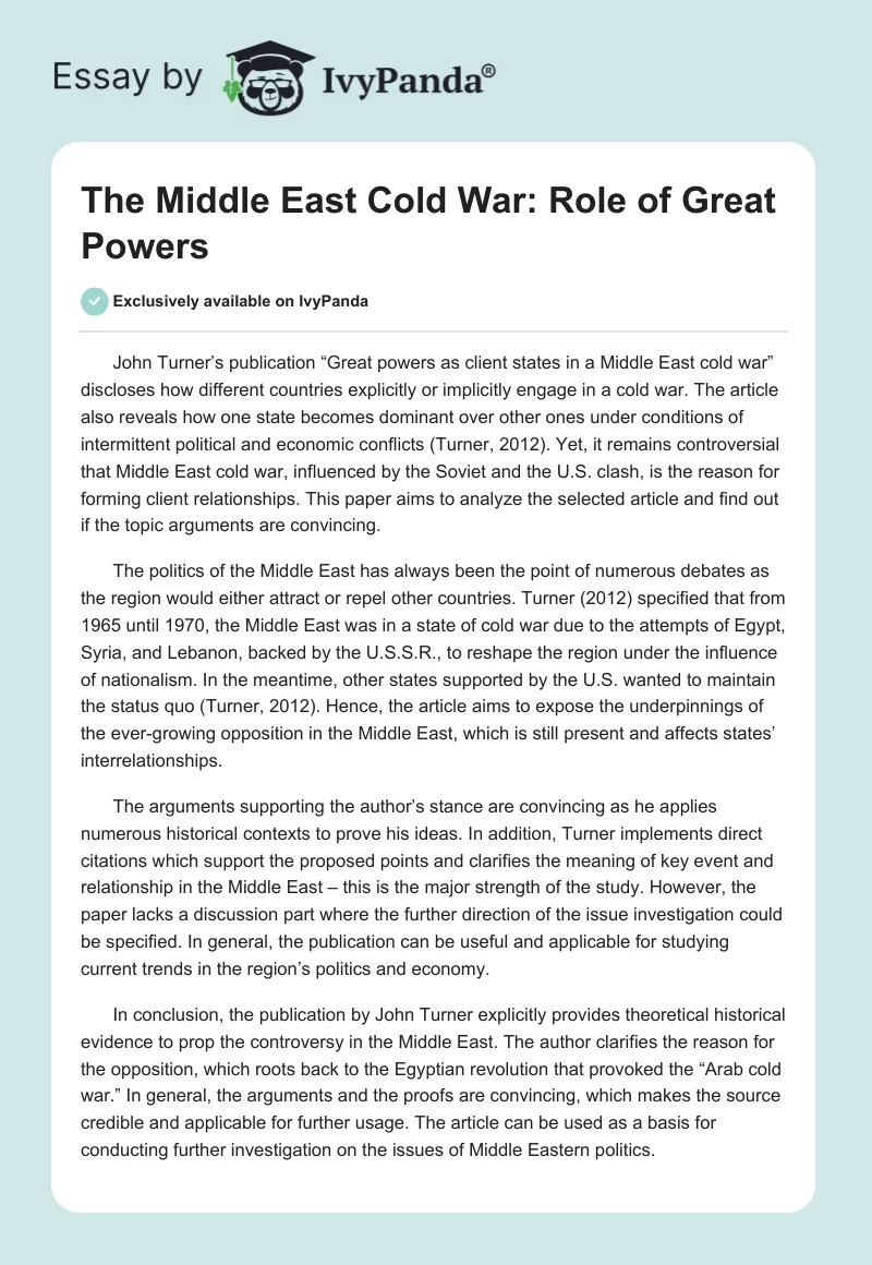 The Middle East Cold War: Role of Great Powers. Page 1
