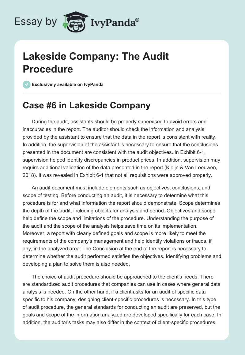 Lakeside Company: The Audit Procedure. Page 1