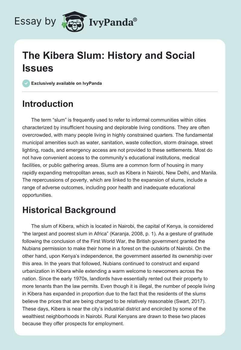 The Kibera Slum: History and Social Issues. Page 1