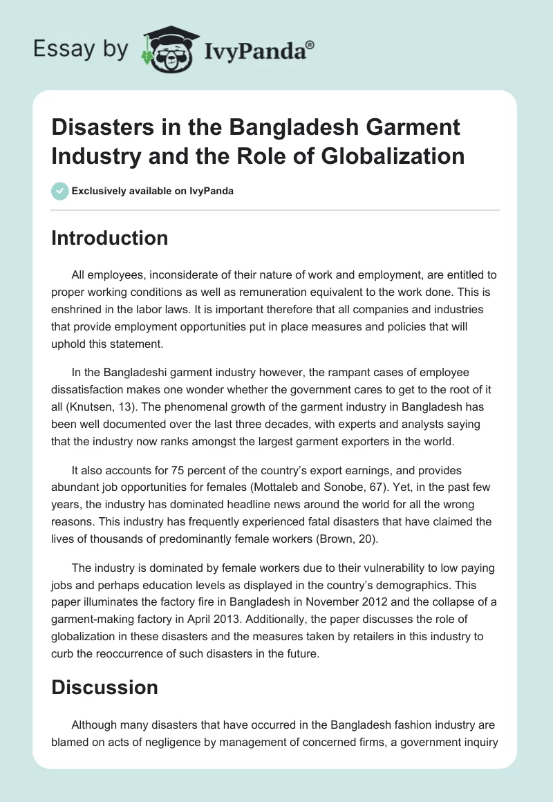 Disasters in the Bangladesh Garment Industry and the Role of Globalization. Page 1