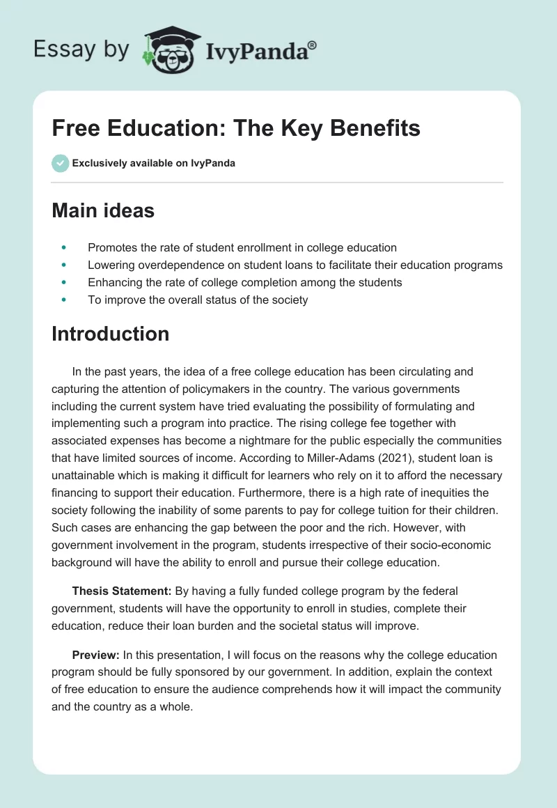 Free Education: The Key Benefits. Page 1