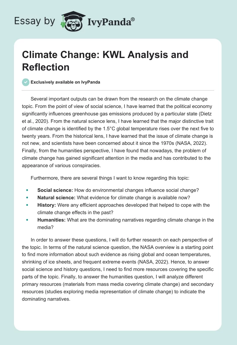 Climate Change: KWL Analysis and Reflection. Page 1