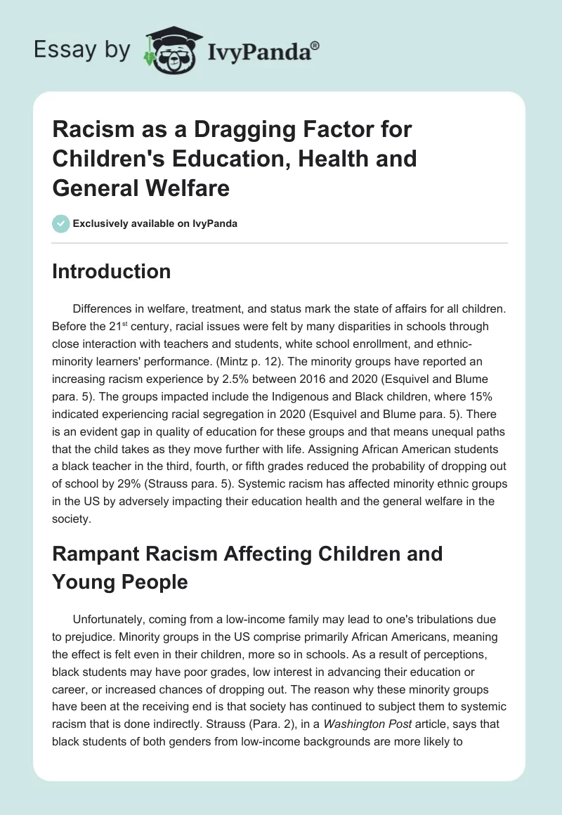 Racism as a Dragging Factor for Children's Education, Health and General Welfare. Page 1
