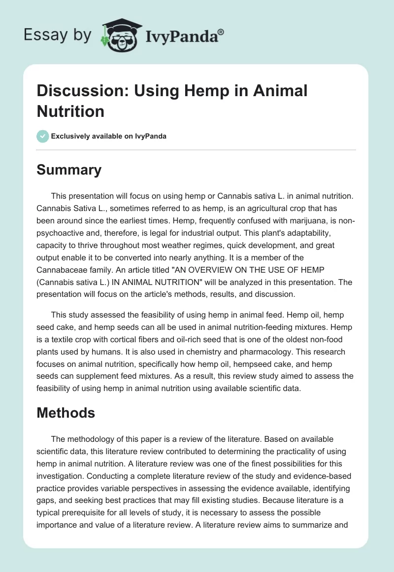 Discussion: Using Hemp in Animal Nutrition. Page 1