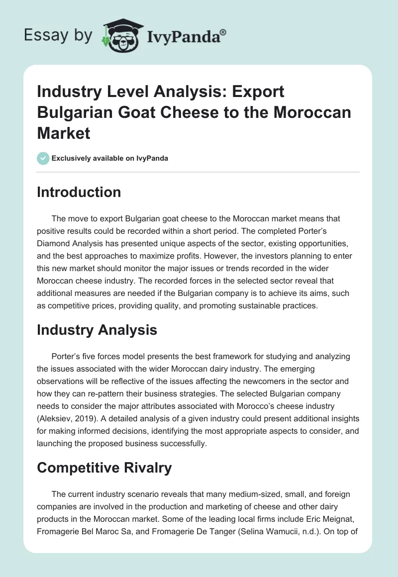 Industry Level Analysis: Export Bulgarian Goat Cheese to the Moroccan Market. Page 1