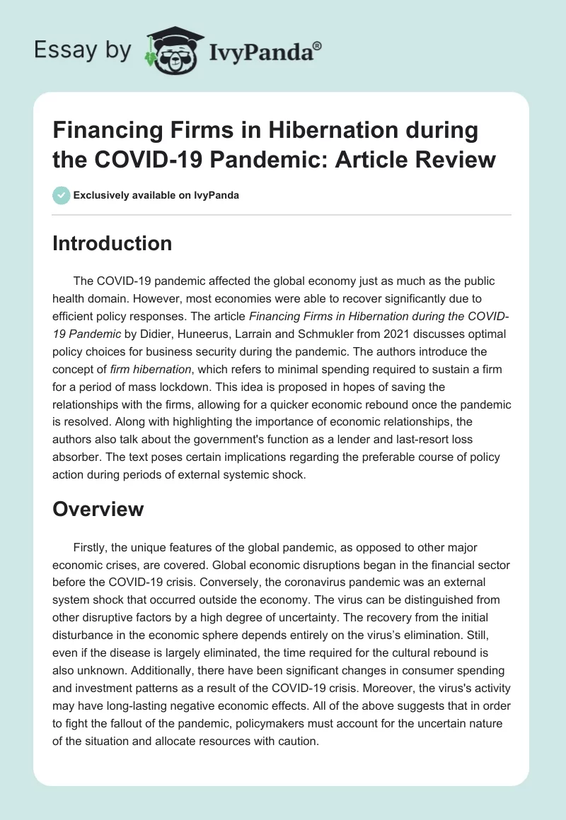 Financing Firms in Hibernation during the COVID-19 Pandemic: Article Review. Page 1