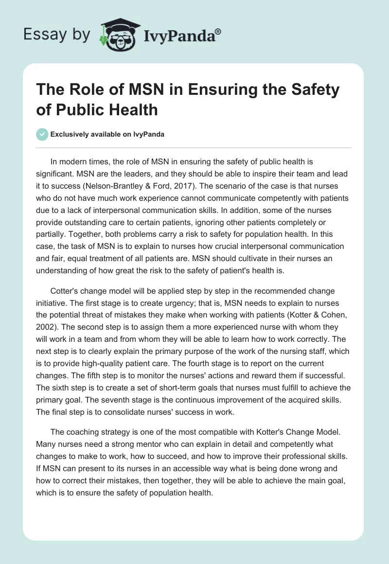 The Role of MSN in Ensuring the Safety of Public Health. Page 1