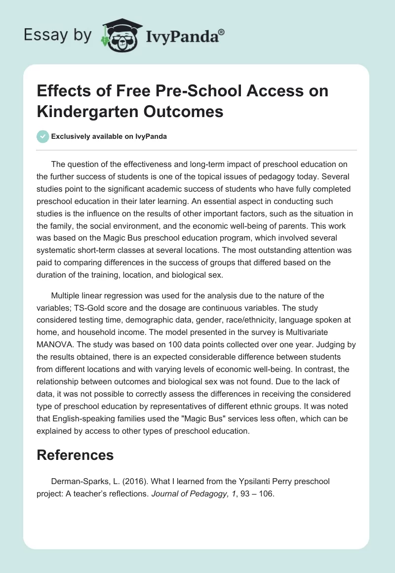 Effects of Free Pre-School Access on Kindergarten Outcomes. Page 1