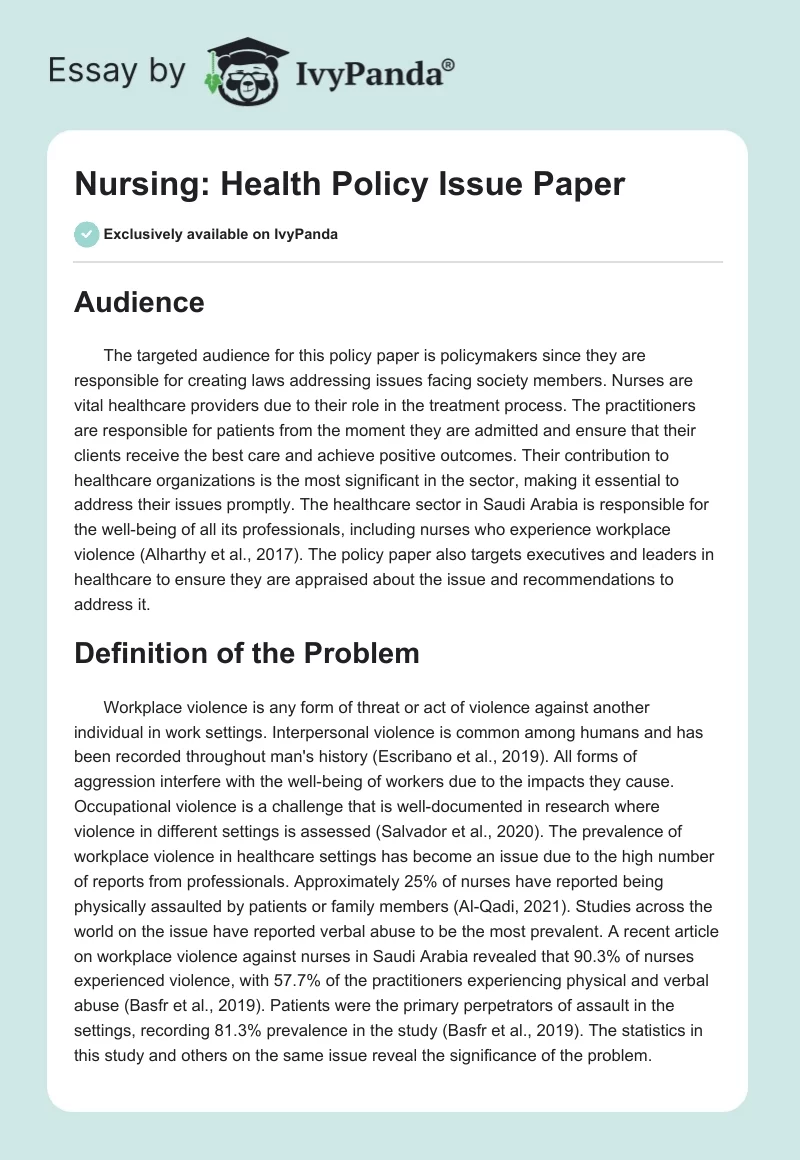 Nursing: Health Policy Issue Paper. Page 1