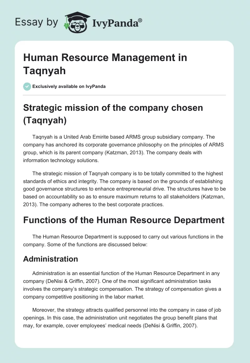 Human Resource Management in Taqnyah. Page 1