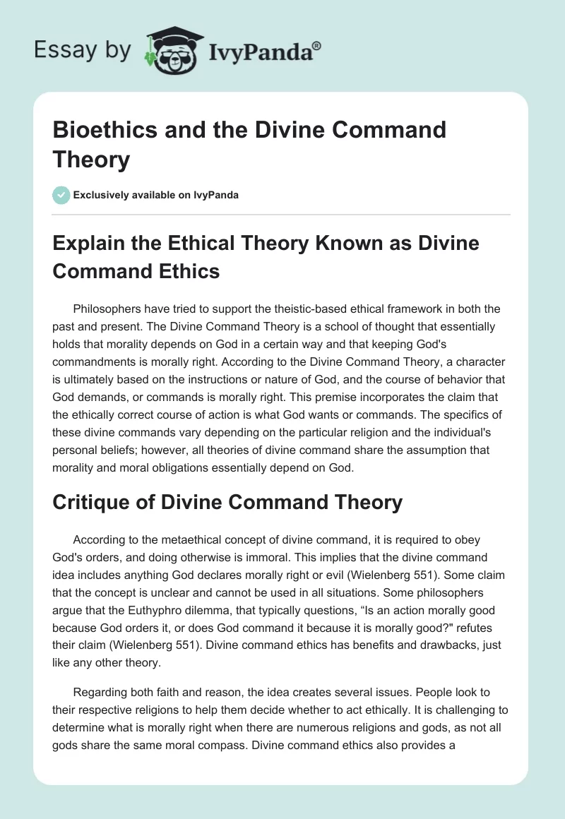 Bioethics and the Divine Command Theory. Page 1