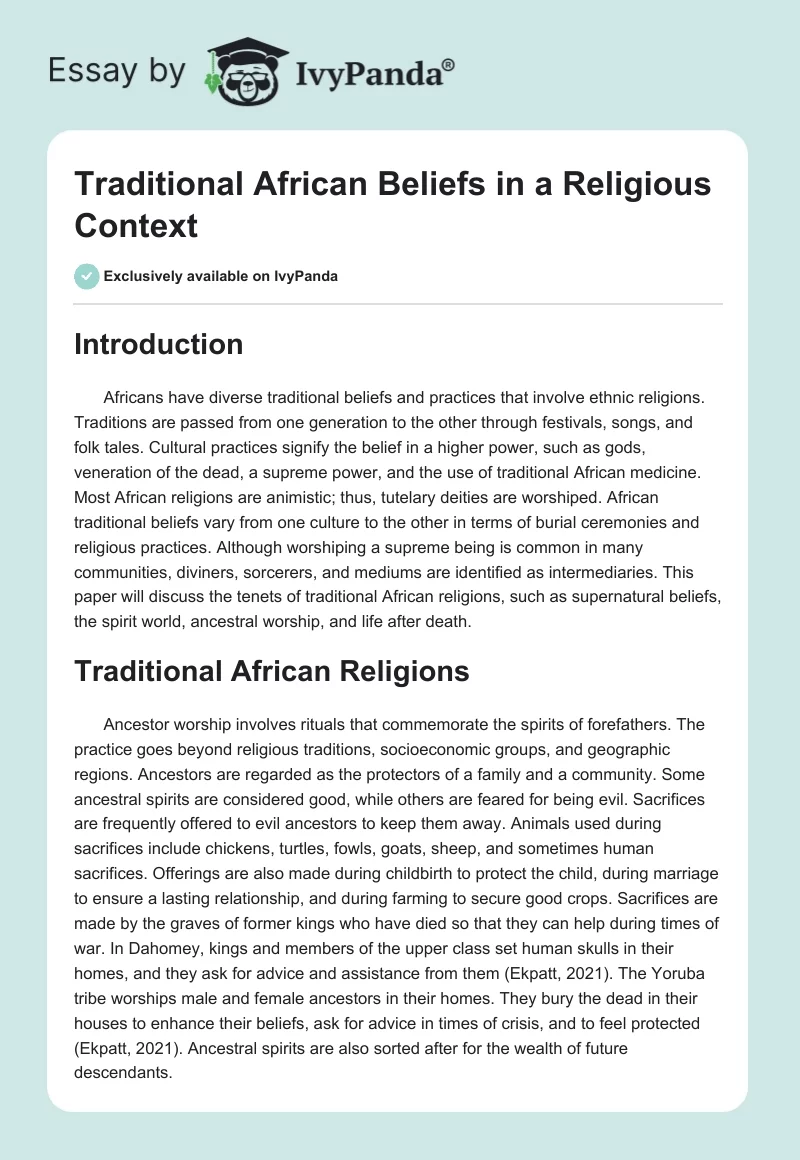 Traditional African Beliefs in a Religious Context. Page 1