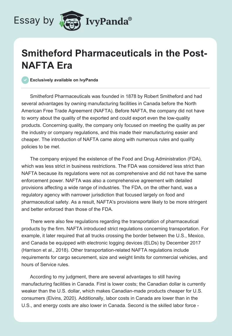 Smitheford Pharmaceuticals in the Post-NAFTA Era. Page 1