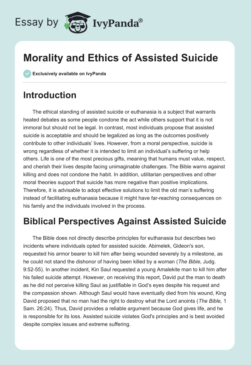 Morality and Ethics of Assisted Suicide. Page 1