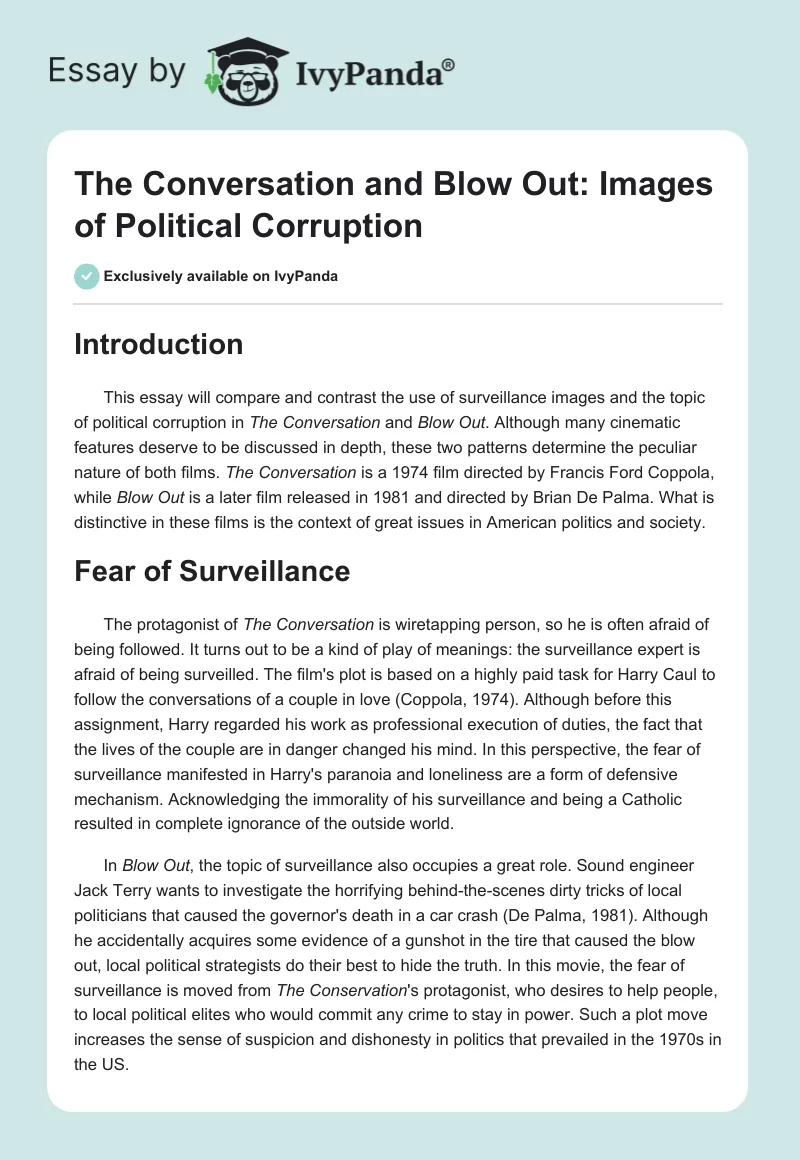 The Conversation and Blow Out: Images of Political Corruption. Page 1