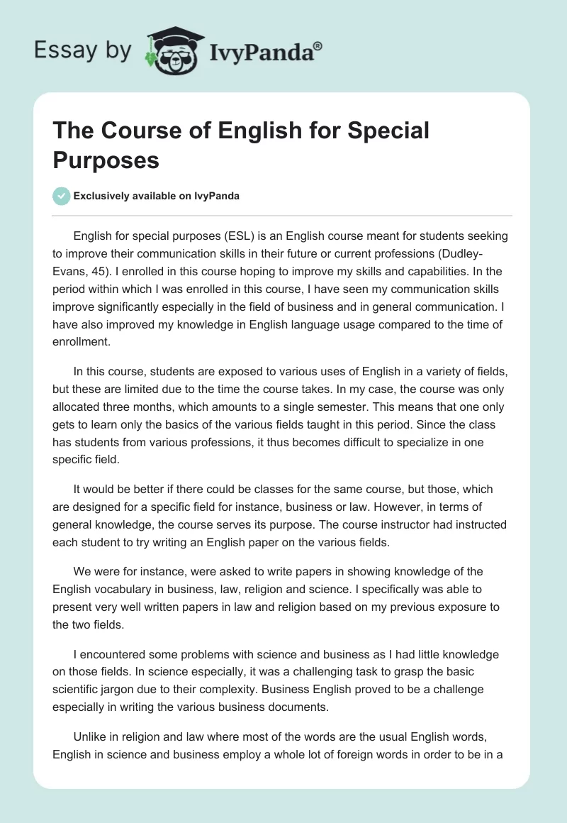 The Course of English for Special Purposes. Page 1