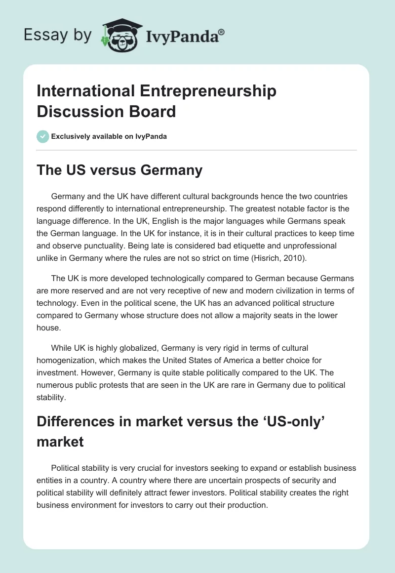 International Entrepreneurship Discussion Board. Page 1