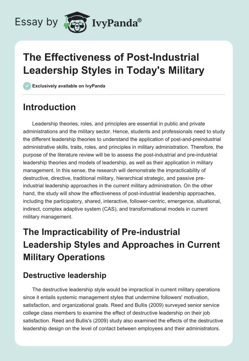 The Effectiveness of Post-Industrial Leadership Styles in Today's Military. Page 1