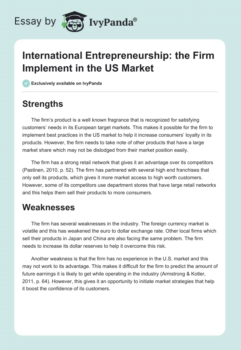 International Entrepreneurship: the Firm Implement in the US Market. Page 1