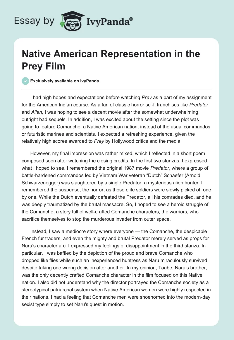 Native American Representation in the Prey Film. Page 1