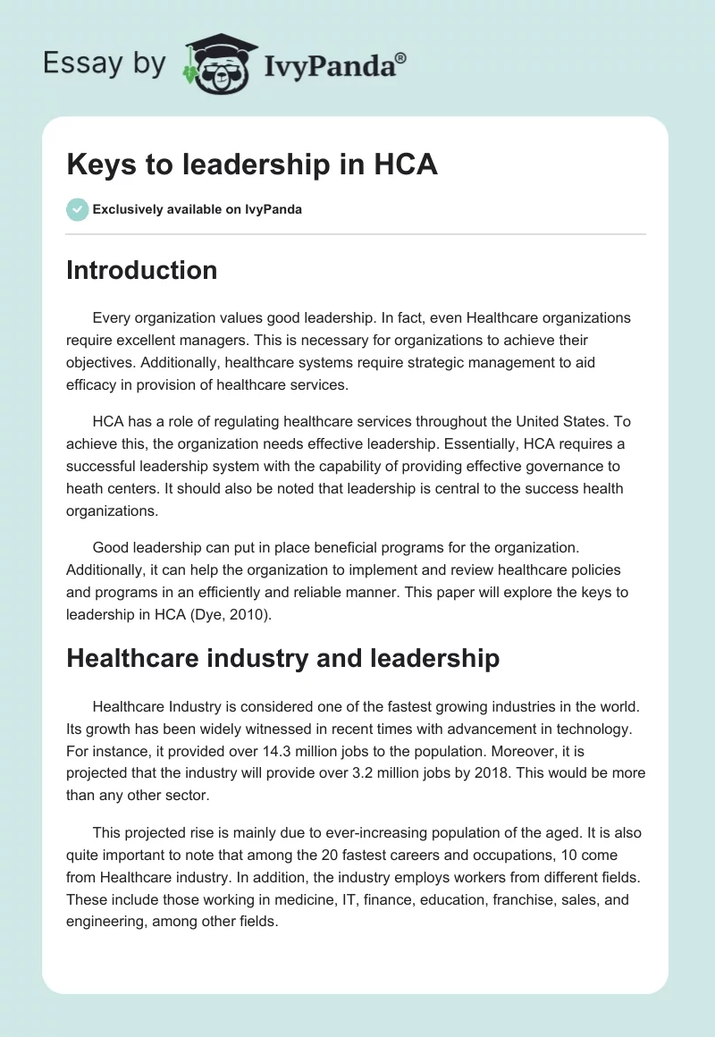 Keys to leadership in HCA. Page 1