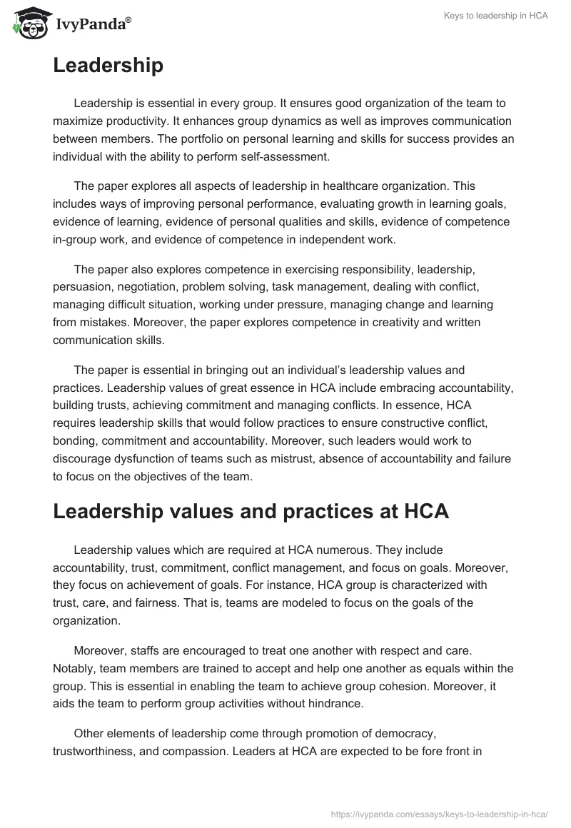 Keys to leadership in HCA. Page 3