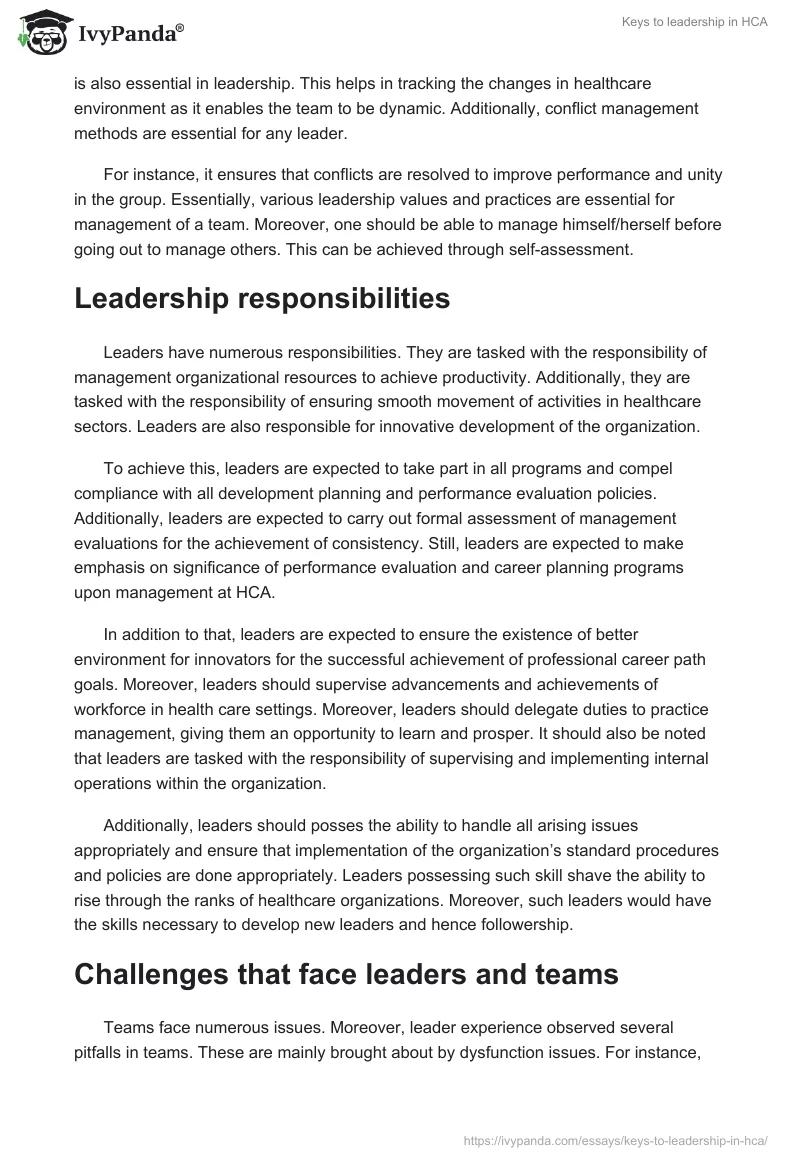 Keys to leadership in HCA - 2699 Words | Essay Example