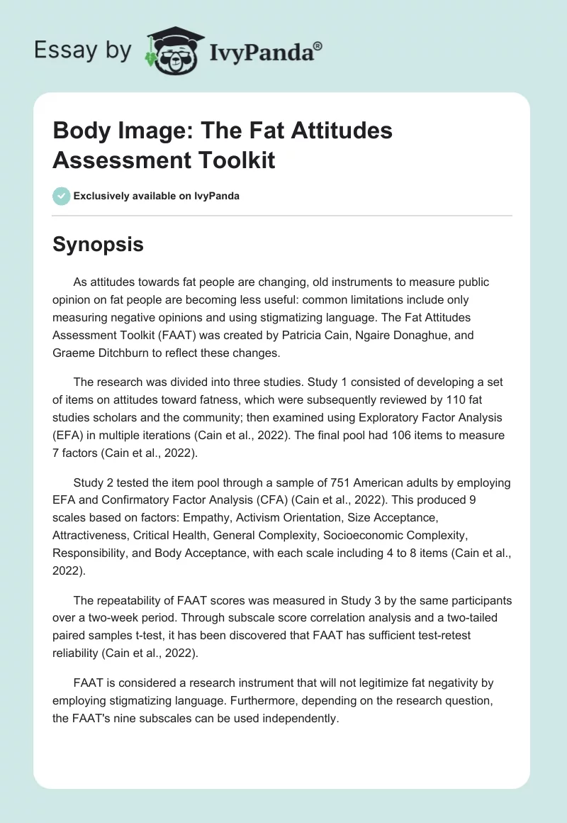 Body Image: The Fat Attitudes Assessment Toolkit. Page 1