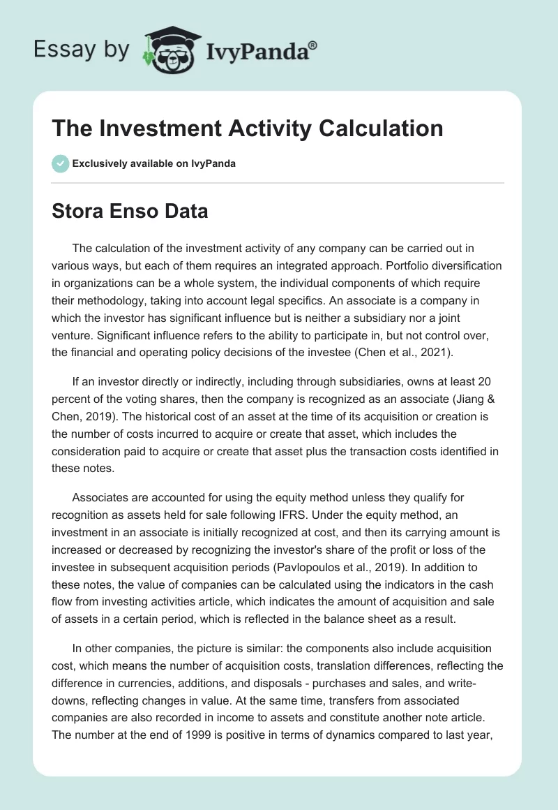 The Investment Activity Calculation. Page 1