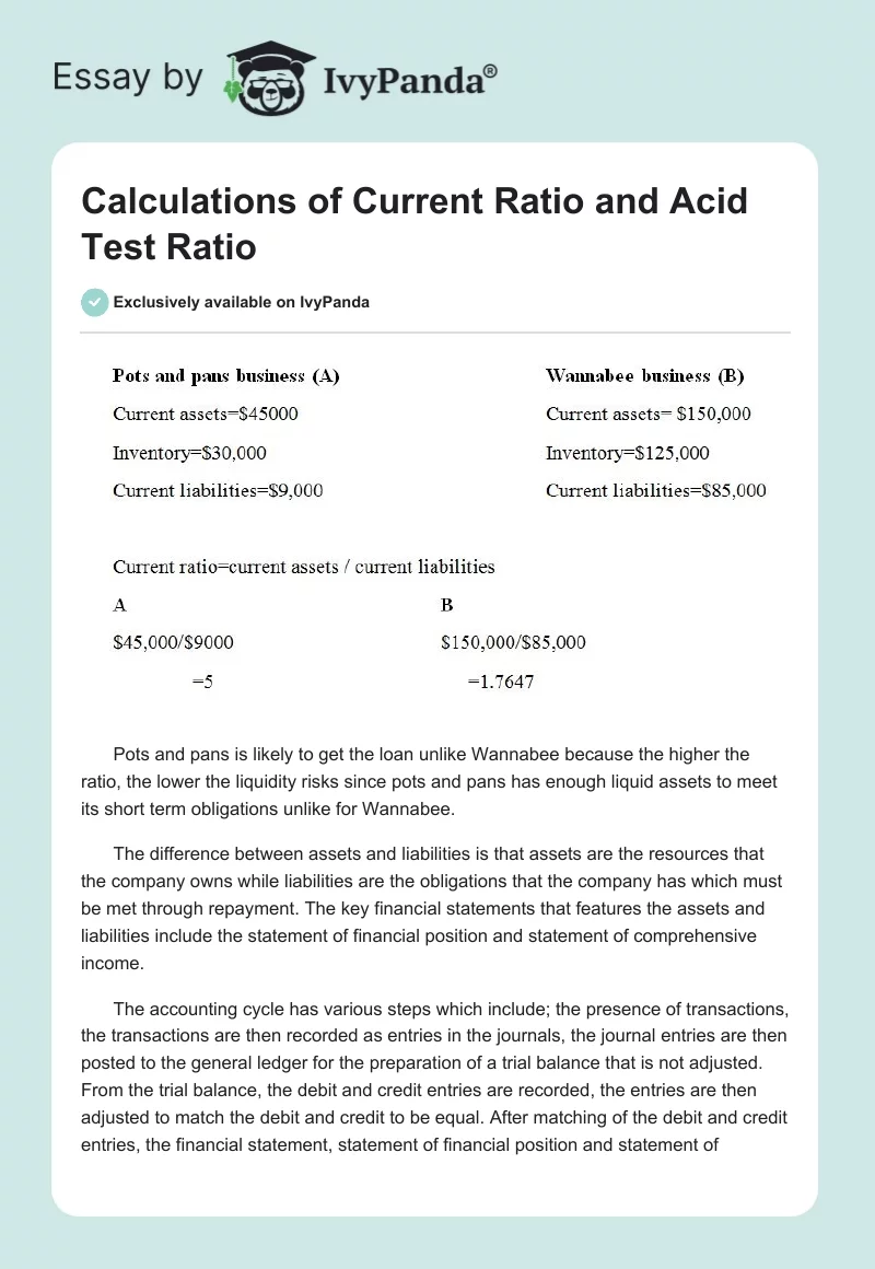 Calculations of Current Ratio and Acid Test Ratio. Page 1