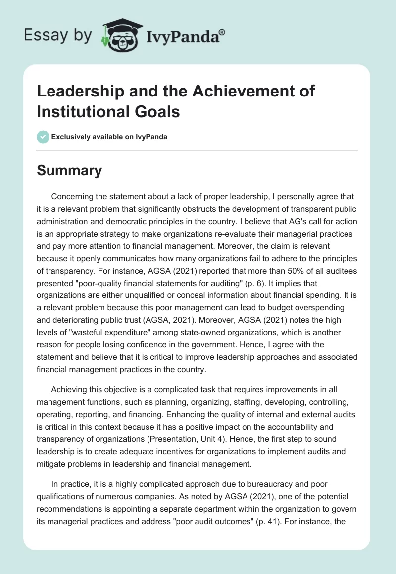 Leadership and the Achievement of Institutional Goals. Page 1
