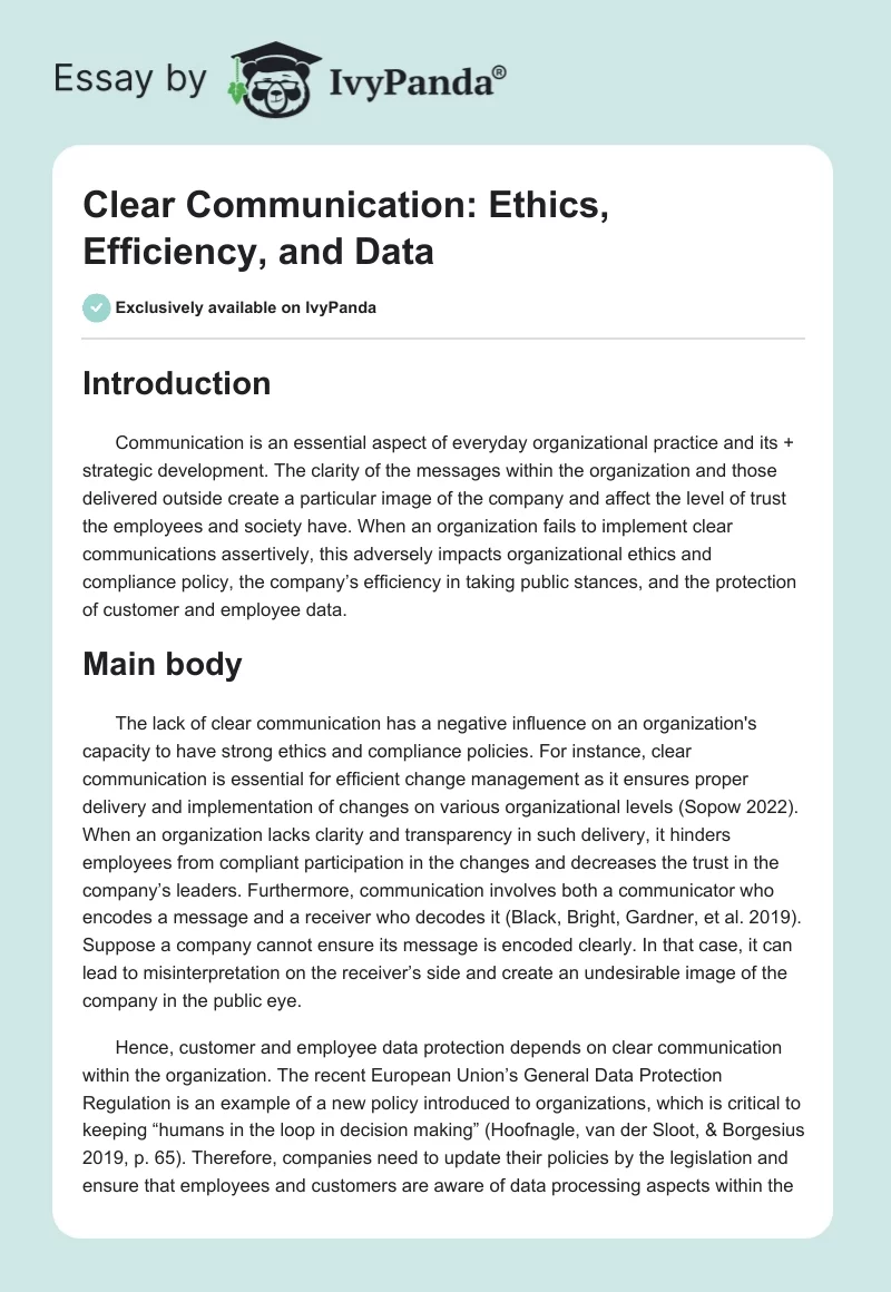 Clear Communication: Ethics, Efficiency, and Data. Page 1