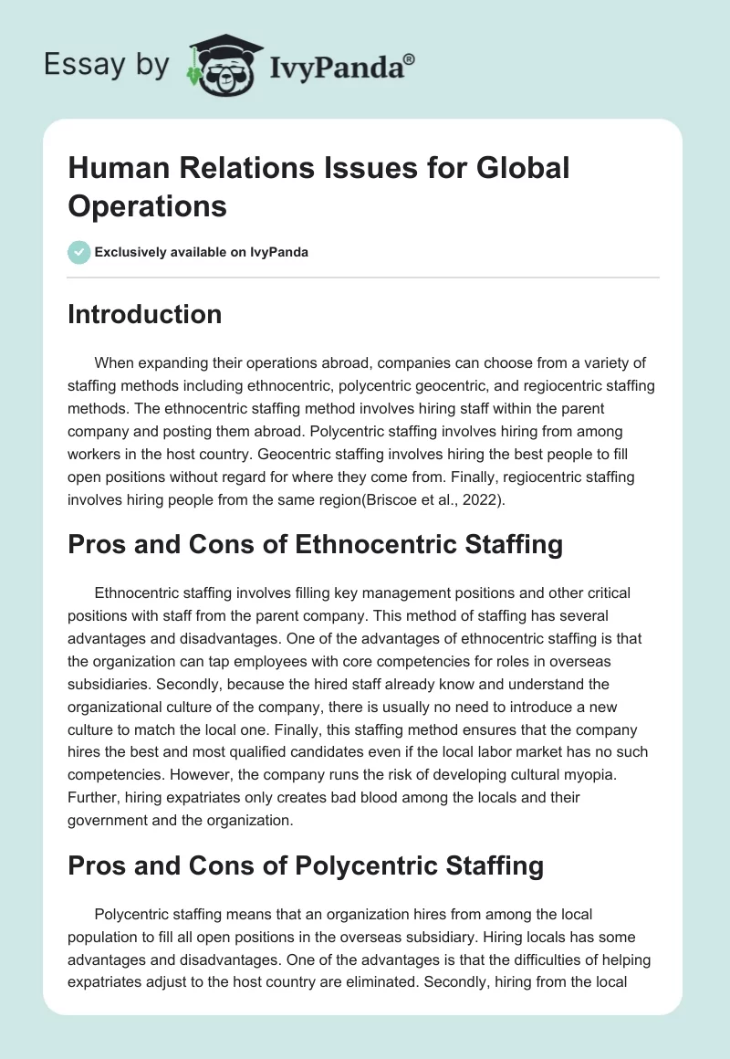 Human Relations Issues for Global Operations. Page 1