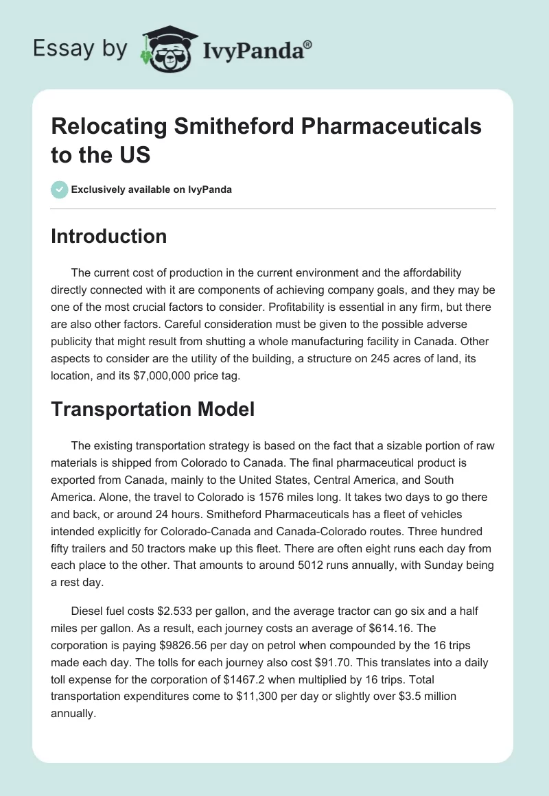 Relocating Smitheford Pharmaceuticals to the US. Page 1