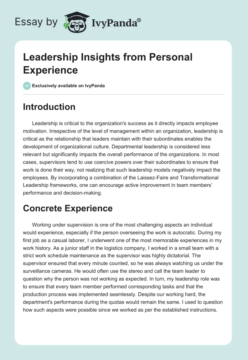 Leadership Insights from Personal Experience. Page 1