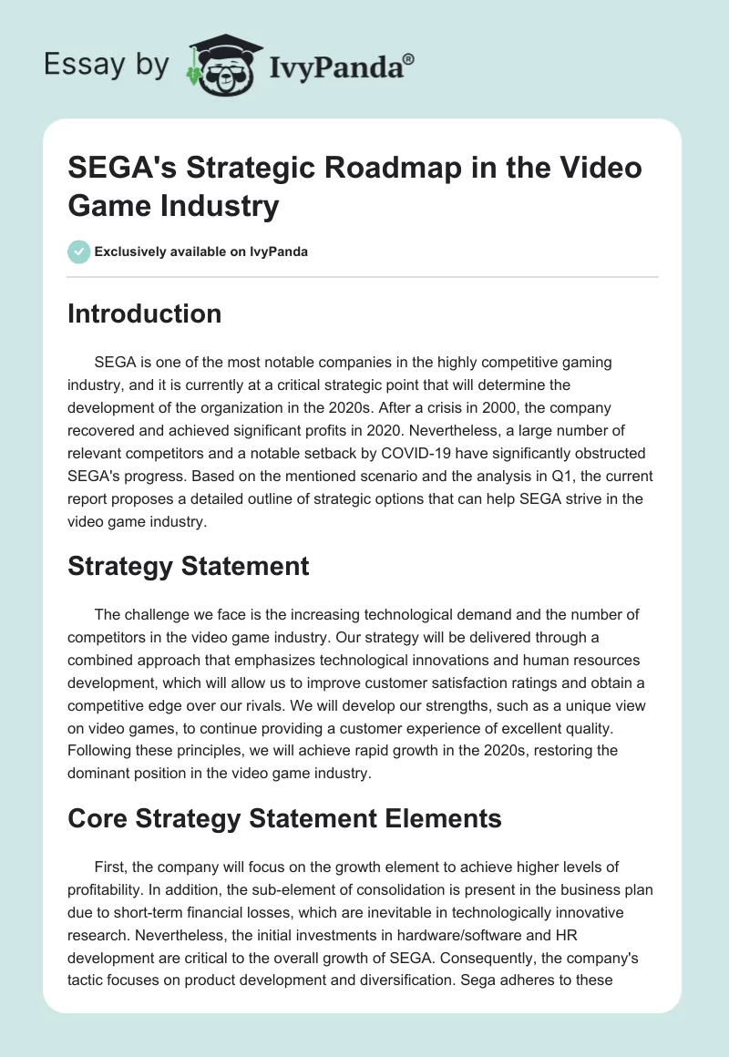 SEGA's Strategic Roadmap in the Video Game Industry. Page 1