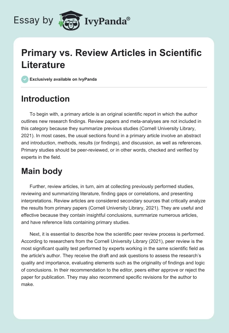 Primary vs. Review Articles in Scientific Literature. Page 1