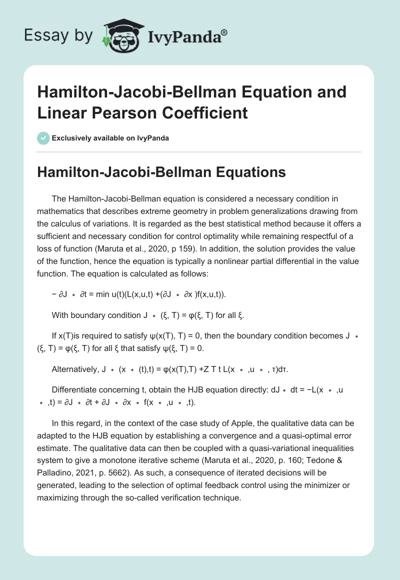 Hamilton-Jacobi-Bellman Equation and Linear Pearson Coefficient. Page 1