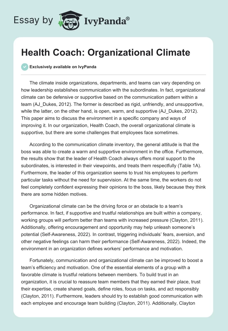 Health Coach: Organizational Climate. Page 1