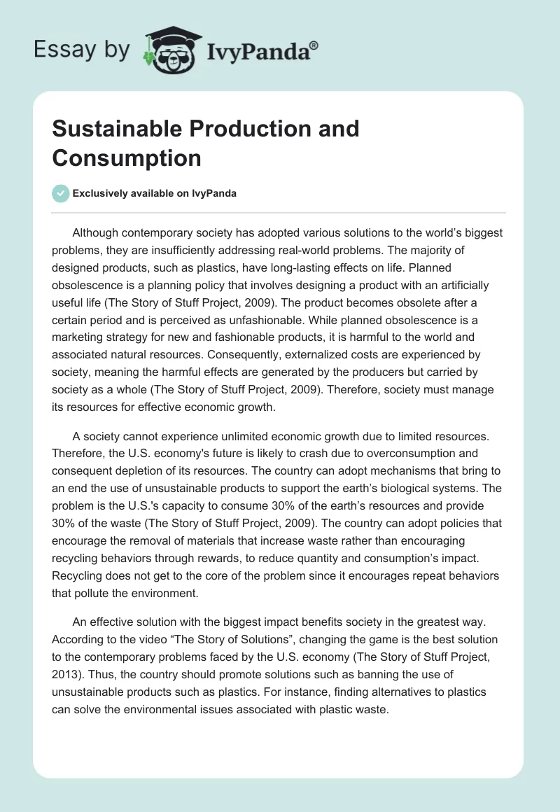 Sustainable Production and Consumption. Page 1