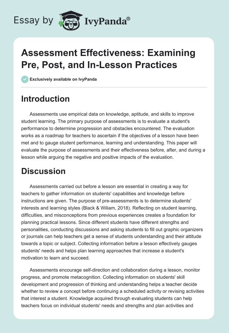 Assessment Effectiveness: Examining Pre, Post, and In-Lesson Practices. Page 1