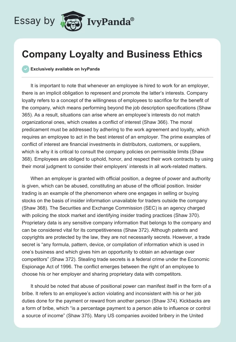Company Loyalty and Business Ethics. Page 1