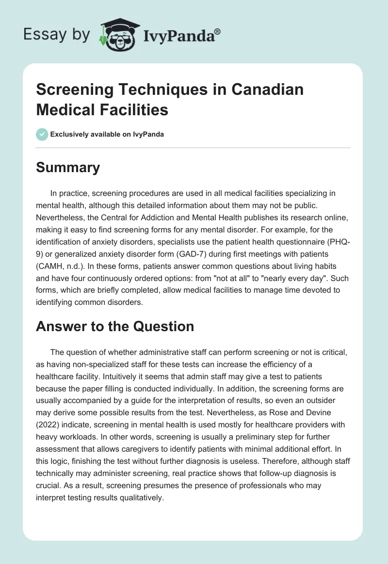 Screening Techniques in Canadian Medical Facilities. Page 1
