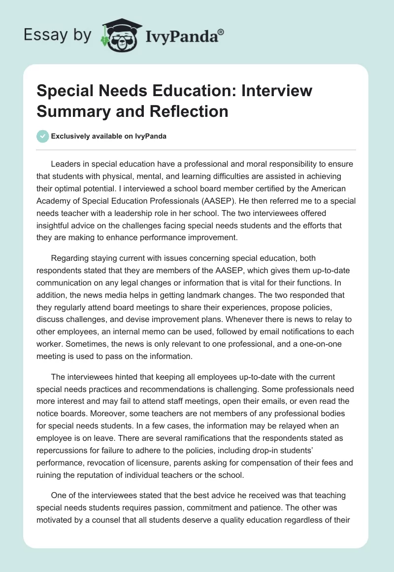 Special Needs Education: Interview Summary and Reflection. Page 1
