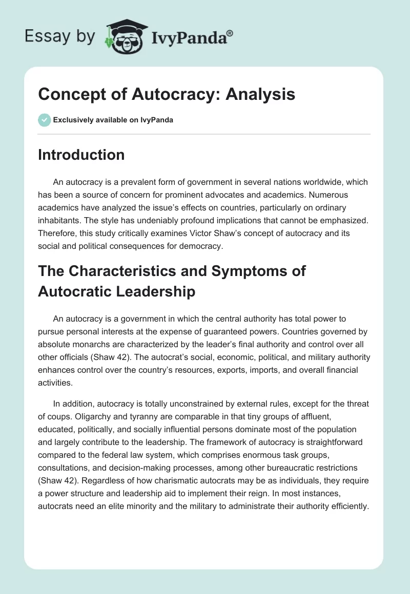 Concept of Autocracy: Analysis. Page 1